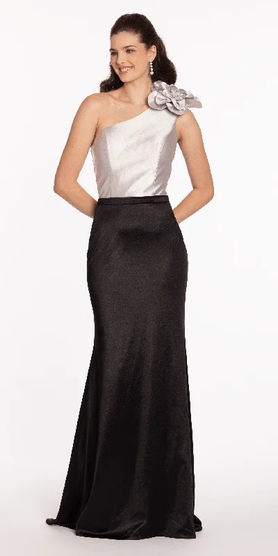 Elegant black cocktail dresses for gala events -Two Tone Rosette One Shoulder Satin Trumpet Dress Elegant black cocktail dresses for gala events -Two Tone Rosette One Shoulder Satin Trumpet Dress