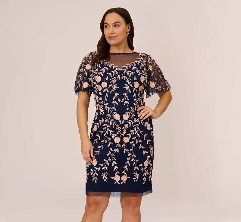 Stylish wedding guest dresses for beach weddings -Plus Size Floral Beaded Dress With Sheer Flutter Sleeves In Navy Blush Stylish wedding guest dresses for beach weddings -Plus Size Floral Beaded Dress With Sheer Flutter Sleeves In Navy Blush
