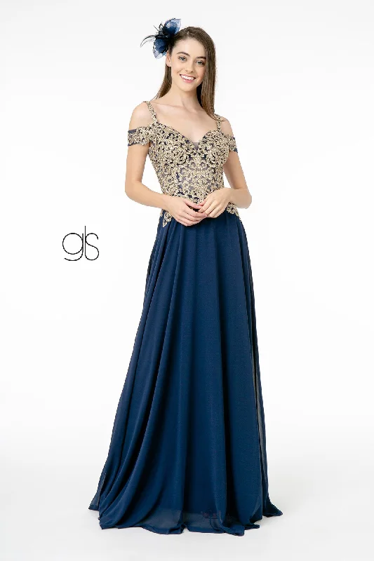 cocktail dresses in jewel tones for fall events --Long Cold Shoulder Dress with Gold Appliques by Elizabeth K GL2998 cocktail dresses in jewel tones for fall events --Long Cold Shoulder Dress with Gold Appliques by Elizabeth K GL2998