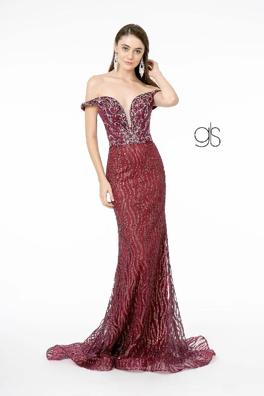 cocktail dresses with adjustable straps for comfortable fit --Jeweled Long Off Shoulder Glitter Dress by Elizabeth K GL1818 cocktail dresses with adjustable straps for comfortable fit --Jeweled Long Off Shoulder Glitter Dress by Elizabeth K GL1818