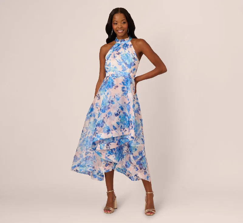 Classic wedding guest dresses for a sophisticated look -Sleeveless Floral Organza High Low Dress In Blush Blue Multi Classic wedding guest dresses for a sophisticated look -Sleeveless Floral Organza High Low Dress In Blush Blue Multi