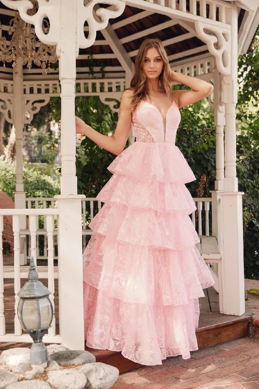 Wedding guest dresses with classic fit-and-flare silhouettes -Glitter Print Sleeveless A-line Tiered Gown by Juliet JT2438K Wedding guest dresses with classic fit-and-flare silhouettes -Glitter Print Sleeveless A-line Tiered Gown by Juliet JT2438K