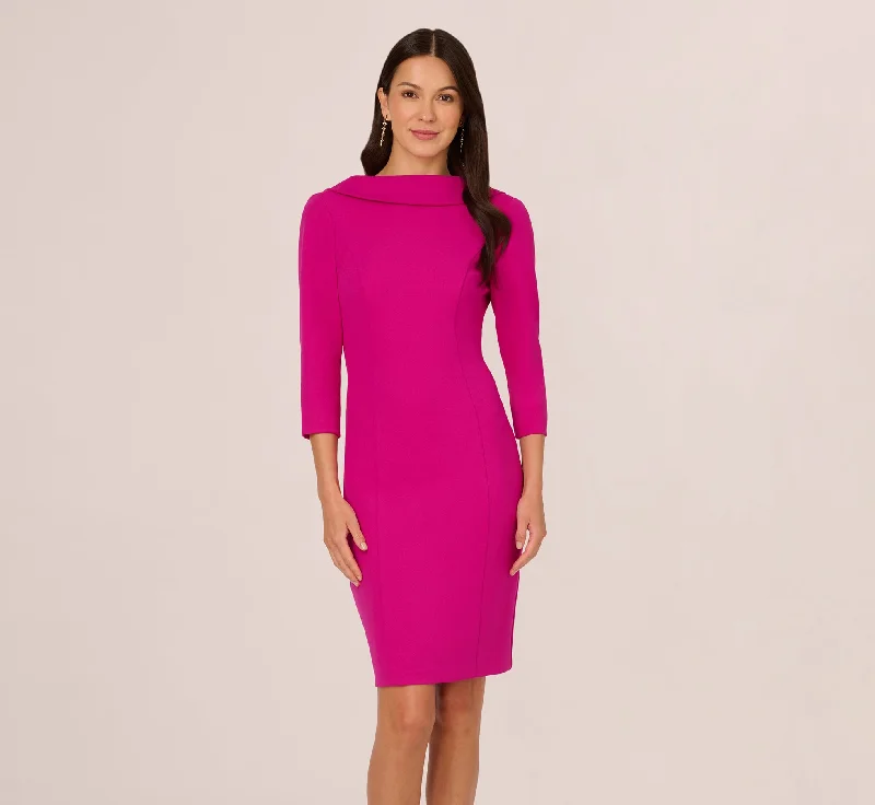 Spring dresses with a pencil silhouette for a sleek look -Three Quarter Sleeve Crepe Midi Dress With Rolled Neck In Pink Flambe Spring dresses with a pencil silhouette for a sleek look -Three Quarter Sleeve Crepe Midi Dress With Rolled Neck In Pink Flambe