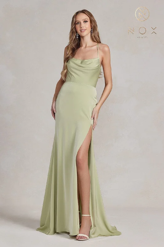 bridesmaid dresses with open backs and crisscross straps --Long Sleeveless Cowl Dress by Nox Anabel E1068