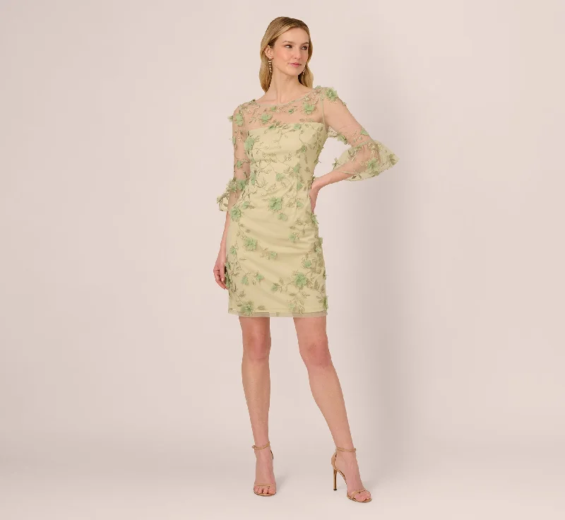 Trendy long dresses for elegant wedding guest attire -Bell Sleeve Floral Embroidered Illusion Sheath Dress In Sage Multi