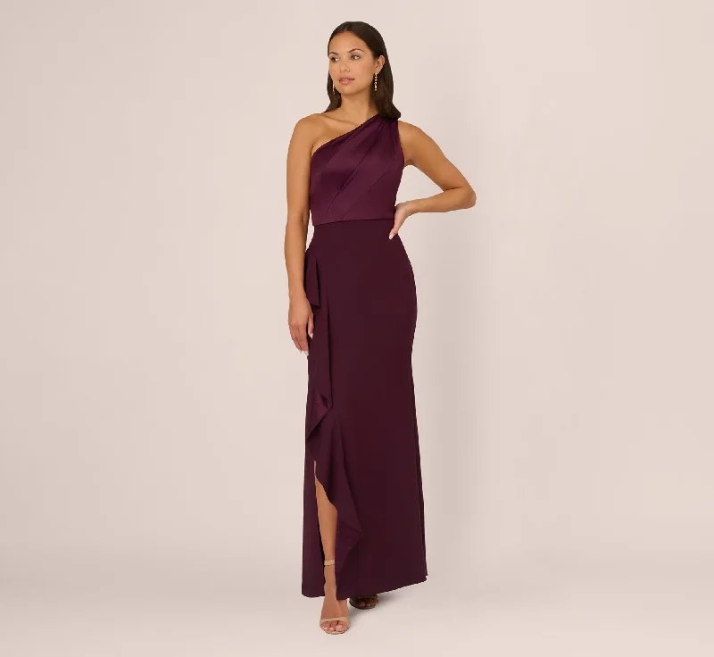 formal dresses for holiday parties in jewel tones --One-Shoulder Long Satin Crepe Mermaid Gown In Bordeaux Glow formal dresses for holiday parties in jewel tones --One-Shoulder Long Satin Crepe Mermaid Gown In Bordeaux Glow