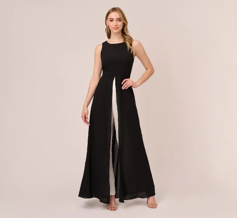 Spring dresses with chiffon skirts for lightness and movement -Colorblock Jumpsuit With Skirt Overlay In Black Ivory Spring dresses with chiffon skirts for lightness and movement -Colorblock Jumpsuit With Skirt Overlay In Black Ivory