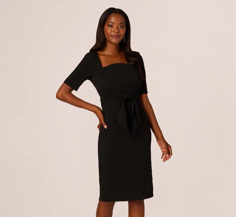 Spring dresses for formal dinners and events -Three Quarter Sleeve Trapeze Dress With Ruffle Mock Neck In Black Spring dresses for formal dinners and events -Three Quarter Sleeve Trapeze Dress With Ruffle Mock Neck In Black