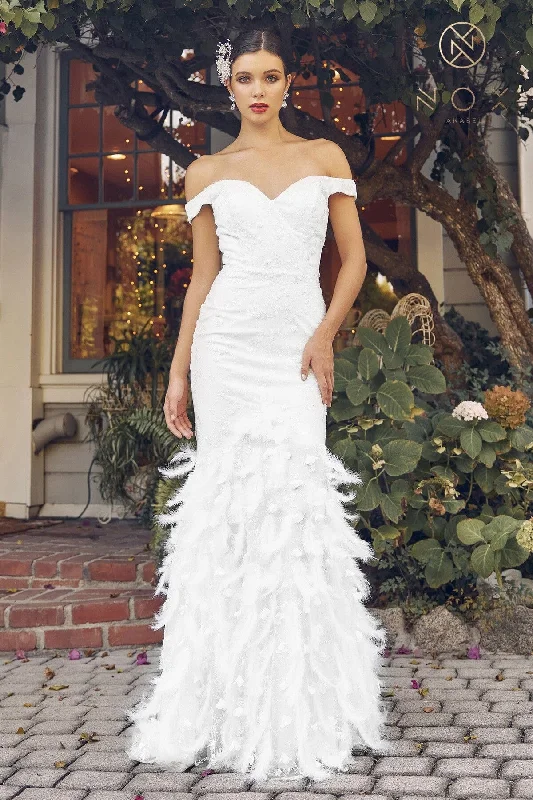 formal dresses with tiered skirts for volume and movement --White Fitted Feather Off Shoulder Gown by Nox Anabel C1106W formal dresses with tiered skirts for volume and movement --White Fitted Feather Off Shoulder Gown by Nox Anabel C1106W