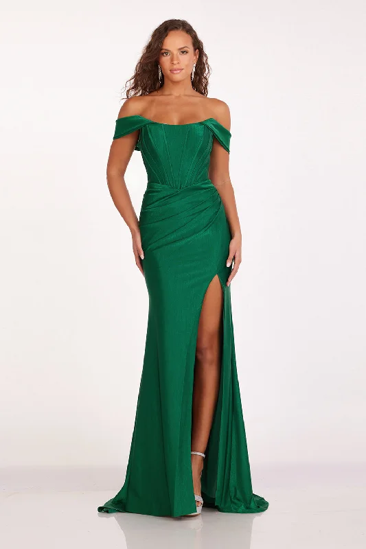 cocktail dresses with sequined accents for festive look --Off Shoulder Corset Slit Gown by Abby Paris 90252 cocktail dresses with sequined accents for festive look --Off Shoulder Corset Slit Gown by Abby Paris 90252