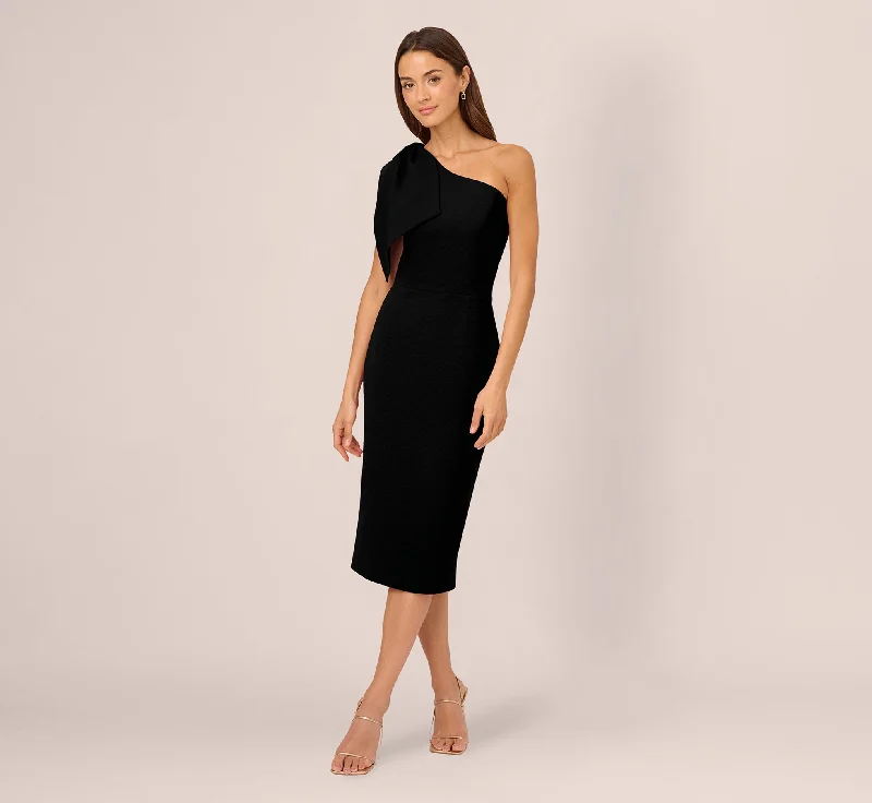 Short spring dresses for warmer days with chic designs -One Shoulder Midi Dress With Bow Accent In Black Short spring dresses for warmer days with chic designs -One Shoulder Midi Dress With Bow Accent In Black