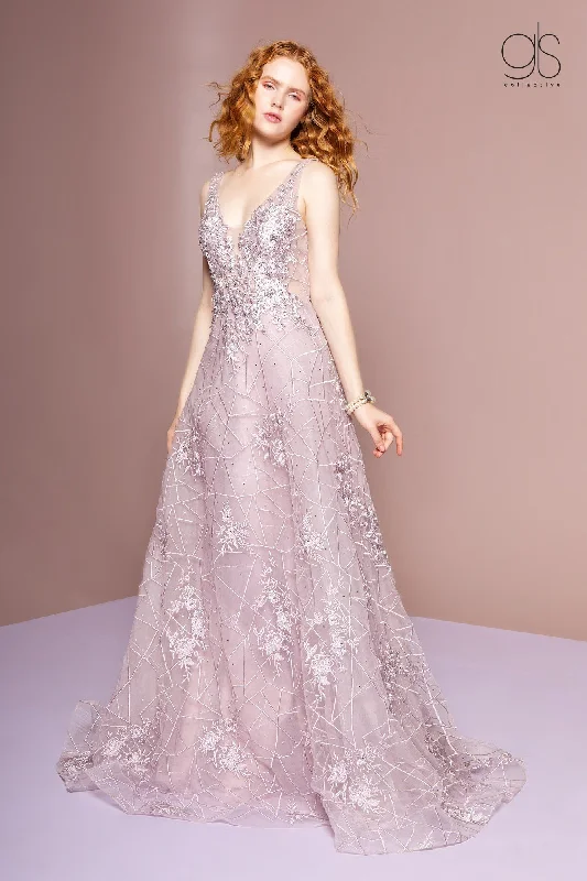 Wedding guest dresses for both day and night celebrations -Embroidered Long Illusion V-Neck Dress by GLS Gloria GL2564 Wedding guest dresses for both day and night celebrations -Embroidered Long Illusion V-Neck Dress by GLS Gloria GL2564