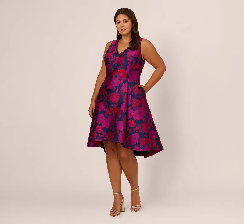 Spring dresses with a halter neck for a chic style -Plus Size Sleeveless Floral Jacquard Midi Dress With High Low Skirt In Navy Multi Spring dresses with a halter neck for a chic style -Plus Size Sleeveless Floral Jacquard Midi Dress With High Low Skirt In Navy Multi