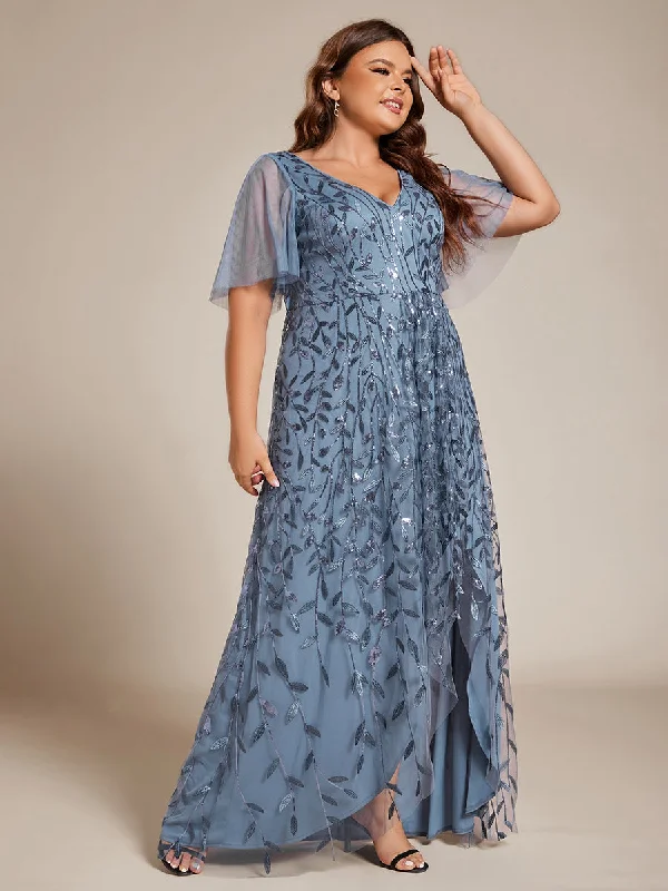 formal dresses with built-in shapewear for smooth figure --Plus Sequin Mesh High Low V-Neck Midi Evening Dress With Short Sleeves formal dresses with built-in shapewear for smooth figure --Plus Sequin Mesh High Low V-Neck Midi Evening Dress With Short Sleeves