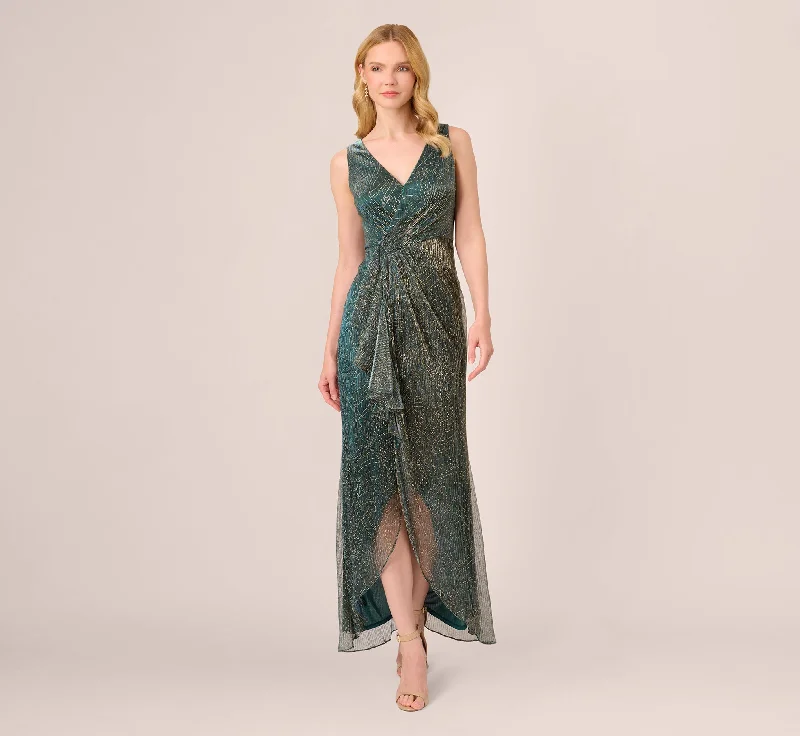 formal dresses with sequined bodices for sparkle --Metallic Mesh Faux Wrap Gown With Ruffle Accents In Evergreen