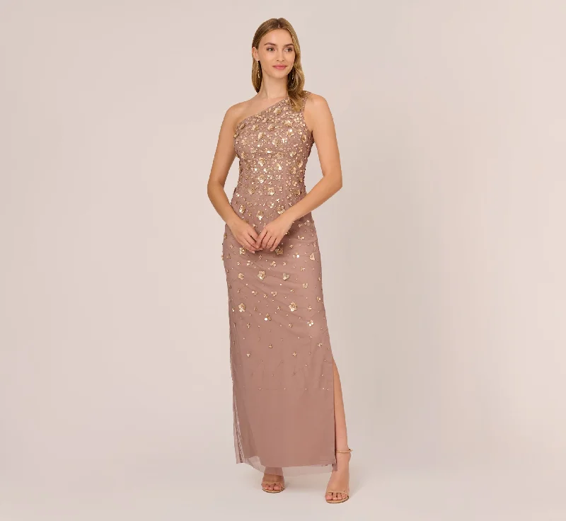 formal dresses with floral prints for garden weddings --3D Floral Hand-Beaded One-Shoulder Long Column Gown In Stone formal dresses with floral prints for garden weddings --3D Floral Hand-Beaded One-Shoulder Long Column Gown In Stone