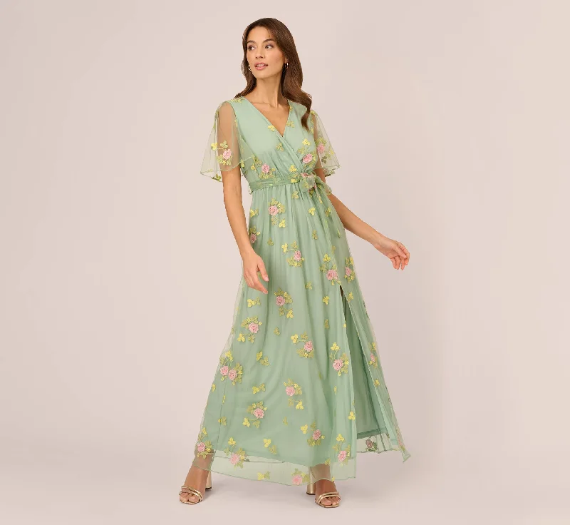 Spring dresses for a garden wedding with light fabrics -Floral Embroidered Maxi Dress With Sheer Flutter Sleeves In Sage Multi Spring dresses for a garden wedding with light fabrics -Floral Embroidered Maxi Dress With Sheer Flutter Sleeves In Sage Multi