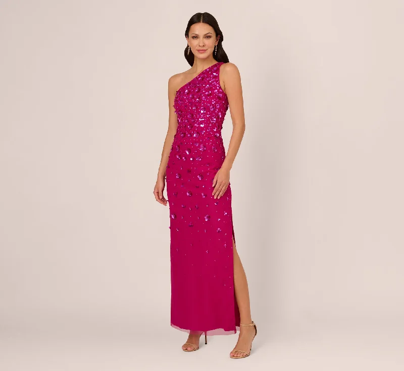 formal dresses for holiday parties in jewel tones --3D Floral Hand-Beaded One-Shoulder Long Column Gown In Hot Orchid formal dresses for holiday parties in jewel tones --3D Floral Hand-Beaded One-Shoulder Long Column Gown In Hot Orchid