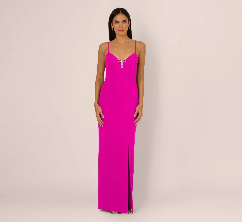 formal dresses with sheer panels for modern style --Sleeveless Knit Crepe Rhinestone Bow Column Gown In Pink Flame
