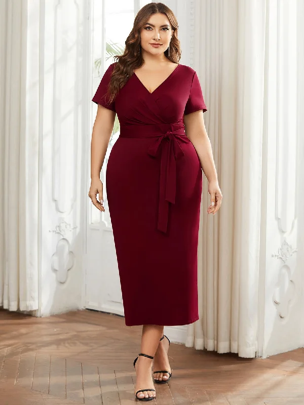 Sparkly dresses for Christmas celebrations -Plus Size Deep V Neck Short Sleeve Wholesale Cocktail Dresses With Belt Sparkly dresses for Christmas celebrations -Plus Size Deep V Neck Short Sleeve Wholesale Cocktail Dresses With Belt