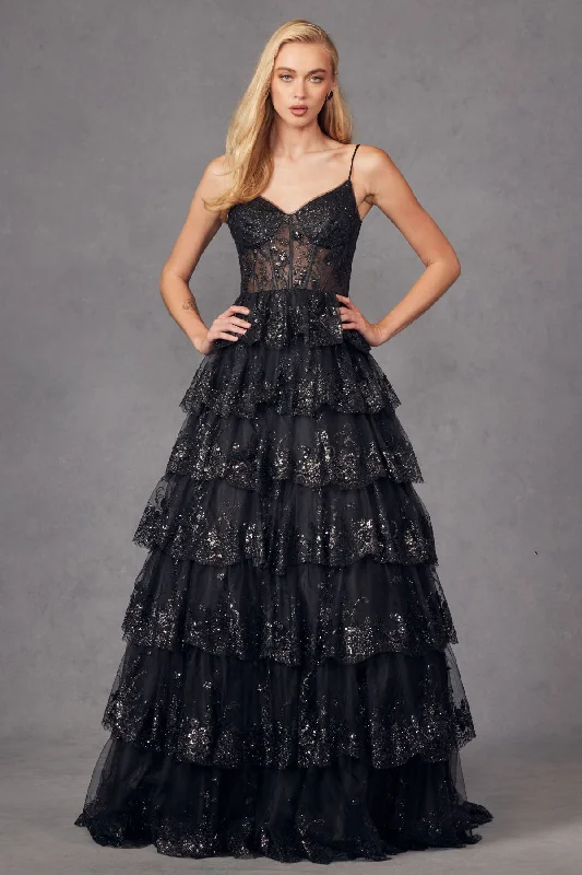 cocktail dresses with floral prints for daytime events --Applique Sleeveless Tiered Gown by Juliet JT2454K cocktail dresses with floral prints for daytime events --Applique Sleeveless Tiered Gown by Juliet JT2454K