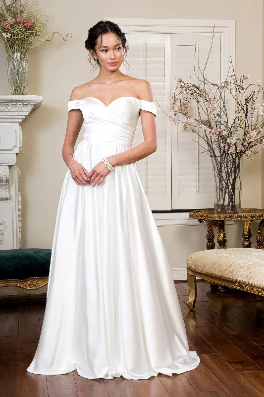 Wedding guest dresses for a romantic, vintage-inspired vibe -Ivory Off Shoulder Satin Gown by Elizabeth K GL1908 Wedding guest dresses for a romantic, vintage-inspired vibe -Ivory Off Shoulder Satin Gown by Elizabeth K GL1908