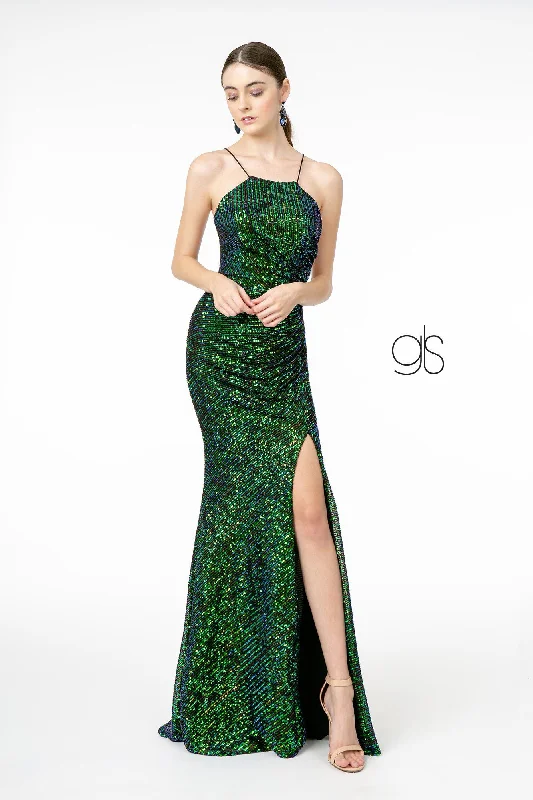cocktail dresses with satin sashes for waist accentuation --Long Iridescent Sequin Dress with Side Slit by Elizabeth K GL1812 cocktail dresses with satin sashes for waist accentuation --Long Iridescent Sequin Dress with Side Slit by Elizabeth K GL1812