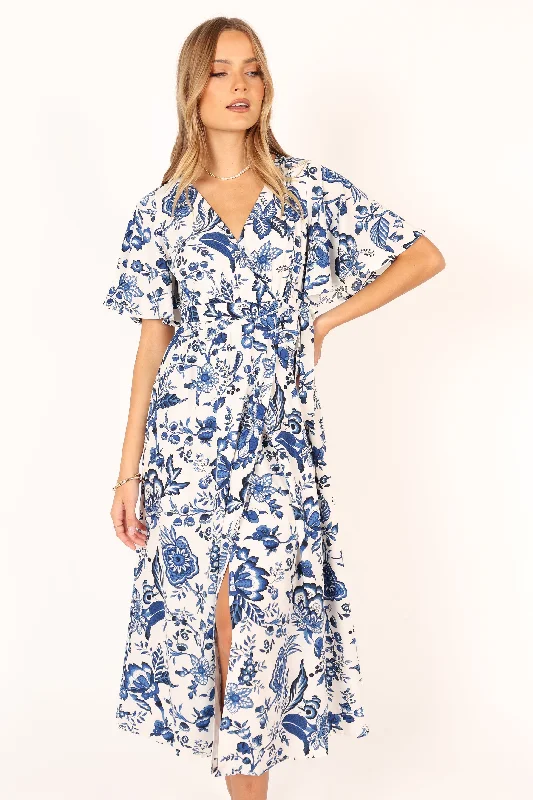 Spring dresses for mothers of the bride -Kaleen Midi Wrap Dress - White Blue