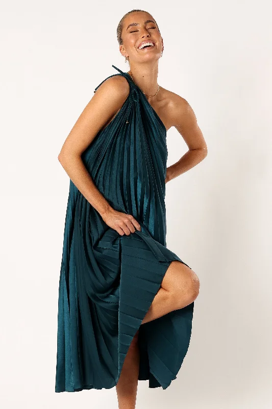formal dresses with floral prints for garden weddings --Selena One Shoulder Midi Dress - Emerald formal dresses with floral prints for garden weddings --Selena One Shoulder Midi Dress - Emerald