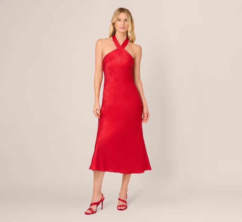 Wedding guest dresses in timeless black for every season -Foil Woven Halter Midi Dress In Red Wedding guest dresses in timeless black for every season -Foil Woven Halter Midi Dress In Red