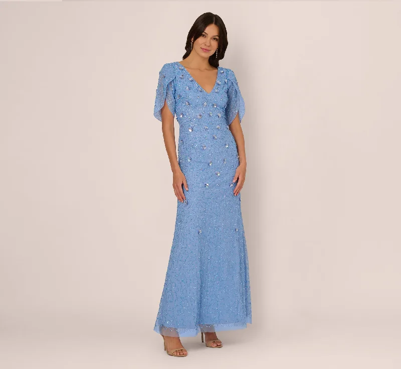 formal dresses with adjustable straps for custom fit --Tulip Sleeve 3D Floral Beaded Mermaid Dress In Bluebell formal dresses with adjustable straps for custom fit --Tulip Sleeve 3D Floral Beaded Mermaid Dress In Bluebell