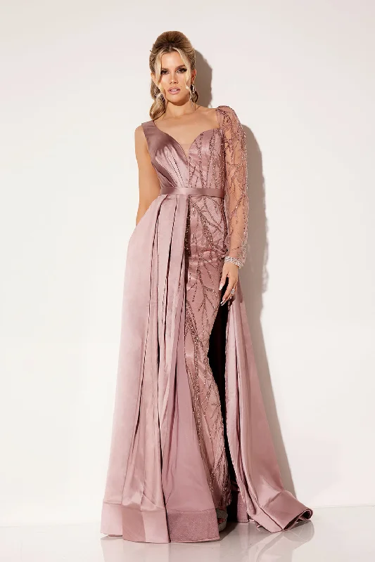 cocktail dresses with floral prints for daytime events --Satin Long Sleeve Overskirt Gown by Lucci Lu C8068 cocktail dresses with floral prints for daytime events --Satin Long Sleeve Overskirt Gown by Lucci Lu C8068