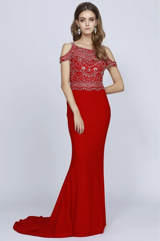 cocktail dresses with mesh inserts for edgy style --Beaded Long Cold Shoulder Fitted Dress by Juliet 660 - Outlet