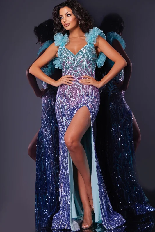 formal dresses with pleated skirts for graceful movement --Sequin Fitted Ruffle Sleeve Slit Gown by Jovani 40761 formal dresses with pleated skirts for graceful movement --Sequin Fitted Ruffle Sleeve Slit Gown by Jovani 40761