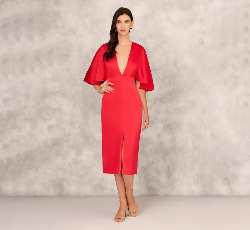 Wedding guest dresses for relaxed outdoor weddings with a country charm -Crepe Back Satin Midi Dress With Flutter Sleeves In Chateau Red Wedding guest dresses for relaxed outdoor weddings with a country charm -Crepe Back Satin Midi Dress With Flutter Sleeves In Chateau Red