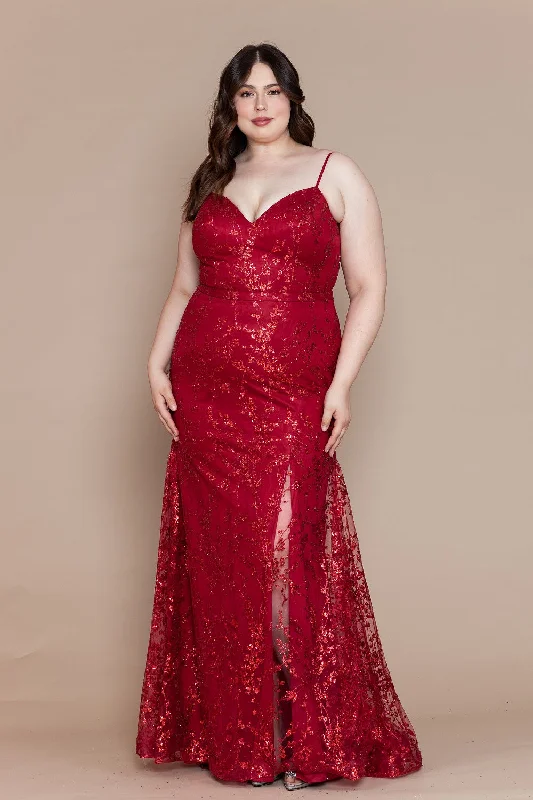 Wedding guest dresses with pockets for practicality -Plus Size Glitter Print Sleeveless Slit Gown by Poly USA W1154 Wedding guest dresses with pockets for practicality -Plus Size Glitter Print Sleeveless Slit Gown by Poly USA W1154
