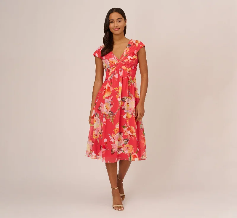 Spring dresses with open-back designs for a daring look -Floral Print Midi Dress With Twist Neckline In Coral Multi Spring dresses with open-back designs for a daring look -Floral Print Midi Dress With Twist Neckline In Coral Multi