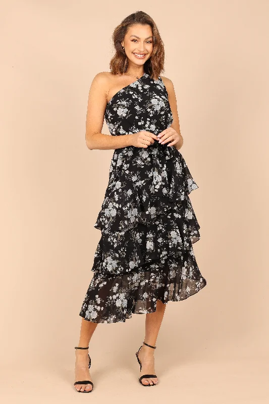 Wedding guest dresses for afternoon weddings with a sophisticated feel -Brigette One Shoulder Tiered Midi Dress - Black Floral Wedding guest dresses for afternoon weddings with a sophisticated feel -Brigette One Shoulder Tiered Midi Dress - Black Floral