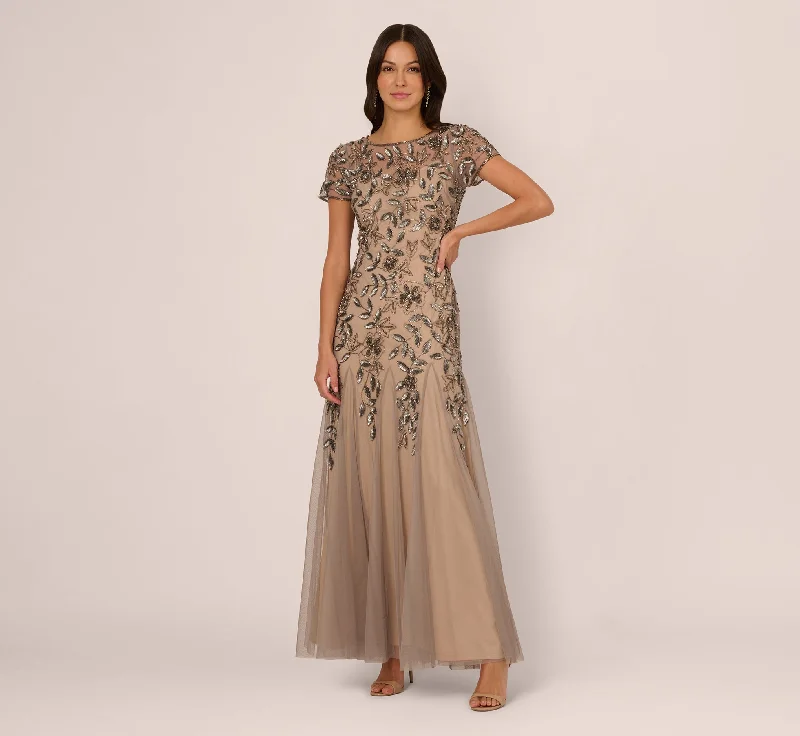 formal dresses for prom with tulle skirts and corset tops --Hand Beaded Short Sleeve Floral Godet Gown In Mercury Nude formal dresses for prom with tulle skirts and corset tops --Hand Beaded Short Sleeve Floral Godet Gown In Mercury Nude
