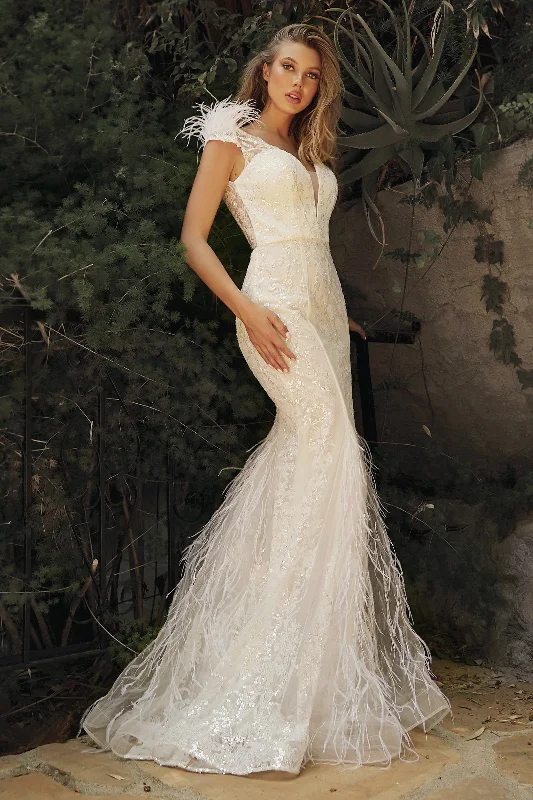 formal dresses for plus size women with A-line skirts --White Feather Mermaid Dress by Cinderella Divine C57W formal dresses for plus size women with A-line skirts --White Feather Mermaid Dress by Cinderella Divine C57W