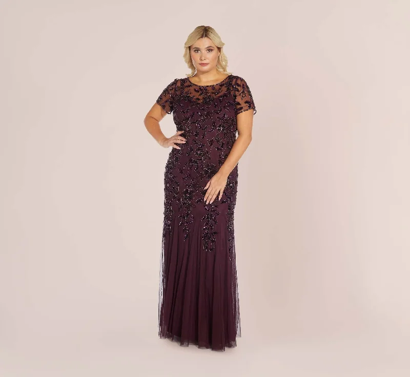 formal dresses for cruise dinners with wrinkle-resistant fabric --Plus Size Hand Beaded Short Sleeve Floral Godet Gown In Night Plum formal dresses for cruise dinners with wrinkle-resistant fabric --Plus Size Hand Beaded Short Sleeve Floral Godet Gown In Night Plum