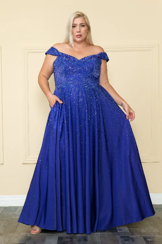 Trendy wedding guest dresses for weddings in tropical climates -Plus Size Rhinestone Off Shoulder Gown by Poly USA W1112 Trendy wedding guest dresses for weddings in tropical climates -Plus Size Rhinestone Off Shoulder Gown by Poly USA W1112