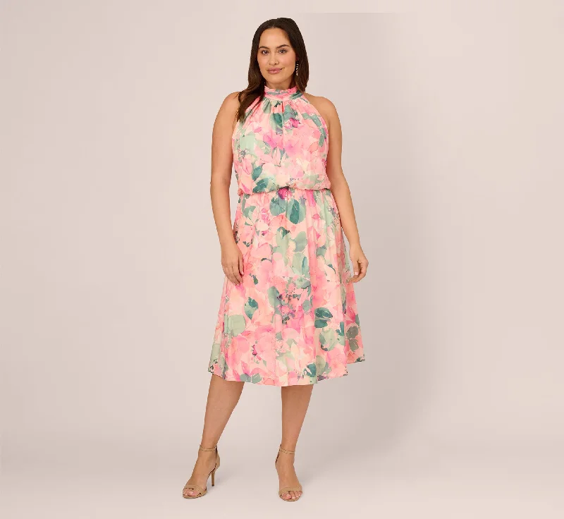 Spring dresses for weddings with chic, modern designs -Plus Size Floral Print Chiffon Halter Dress With Mock Neck In Blush Multi Spring dresses for weddings with chic, modern designs -Plus Size Floral Print Chiffon Halter Dress With Mock Neck In Blush Multi