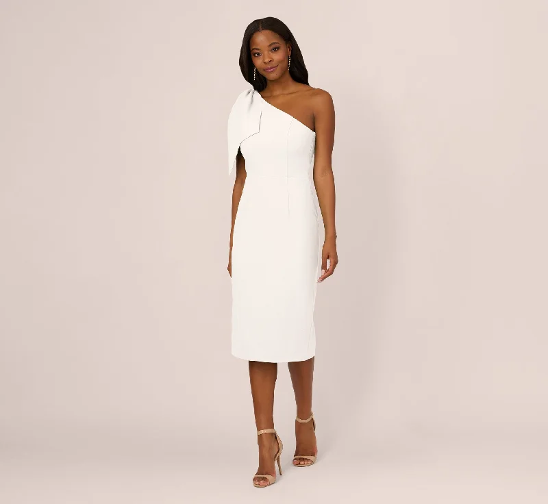 Spring dresses with high-low hems for a modern look -One Shoulder Midi Dress With Bow Accent In Ivory Spring dresses with high-low hems for a modern look -One Shoulder Midi Dress With Bow Accent In Ivory