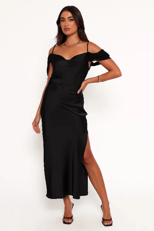 formal dresses with high necklines for modest fashion lovers --Reyna Off Shoulder Maxi Dress - Black formal dresses with high necklines for modest fashion lovers --Reyna Off Shoulder Maxi Dress - Black