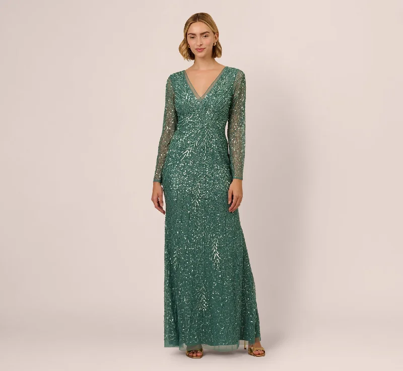 formal dresses with satin fabric for smooth texture --Long Sleeve Beaded Full Length Dress In Green Slate formal dresses with satin fabric for smooth texture --Long Sleeve Beaded Full Length Dress In Green Slate