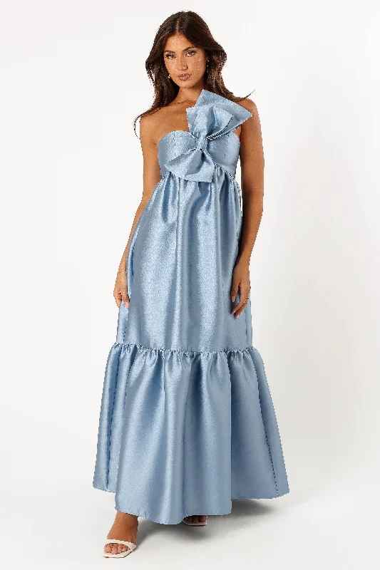 plus size satin bridesmaid dresses with ruched bodices --Betina Bow Front Maxi Dress - Blue plus size satin bridesmaid dresses with ruched bodices --Betina Bow Front Maxi Dress - Blue