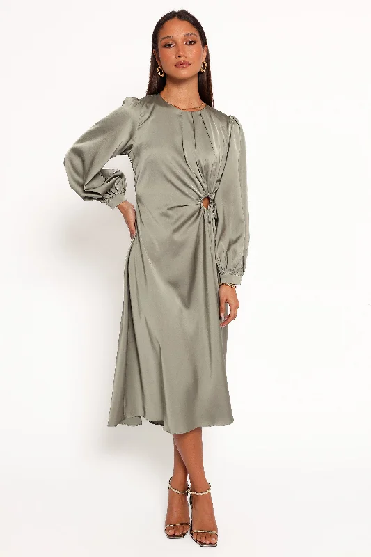 Trendy wrap dresses for wedding guests in warmer weather -Windsor Long Sleeve Maxi Dress - Olive Trendy wrap dresses for wedding guests in warmer weather -Windsor Long Sleeve Maxi Dress - Olive