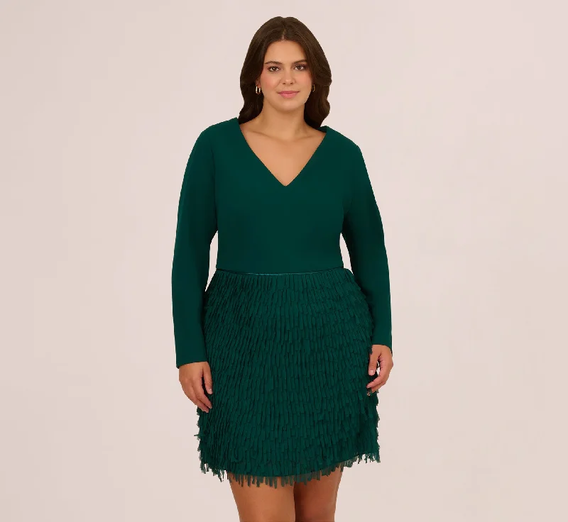 Wedding guest dresses for spring and summer with floral patterns -Plus Size Combo Fabric Fringe Mini Dress In Dark Ivy Wedding guest dresses for spring and summer with floral patterns -Plus Size Combo Fabric Fringe Mini Dress In Dark Ivy