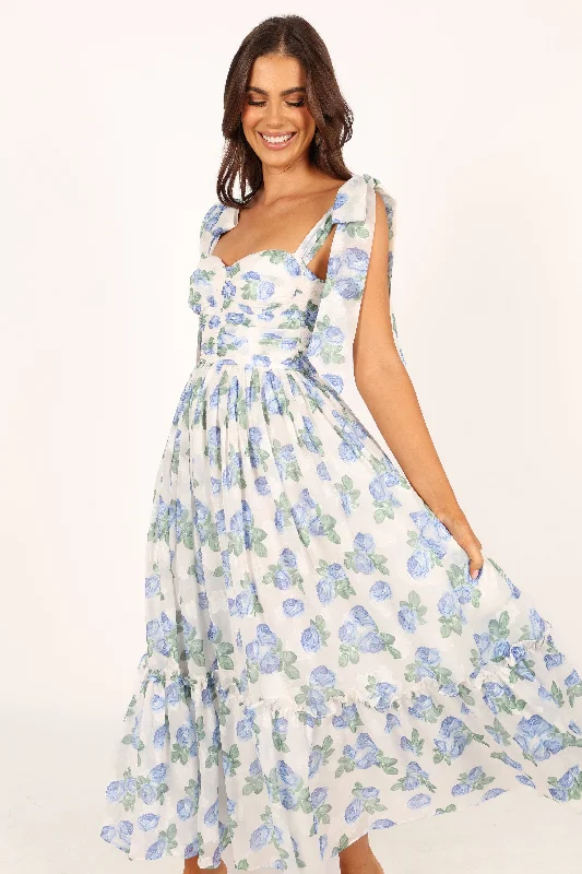 Spring dresses with a satin finish for a luxe feel -Floret Midi Dress - Blue